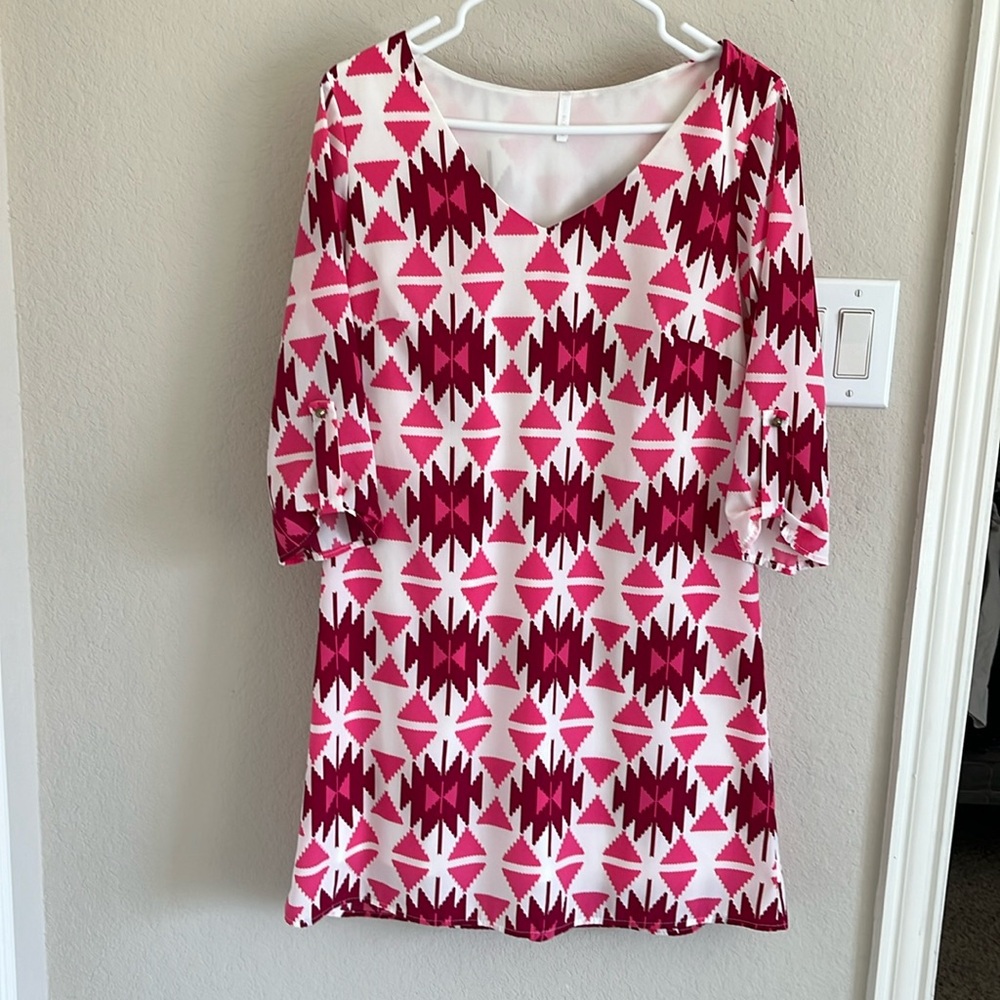 Dress for work. Pink, maroon, and white
